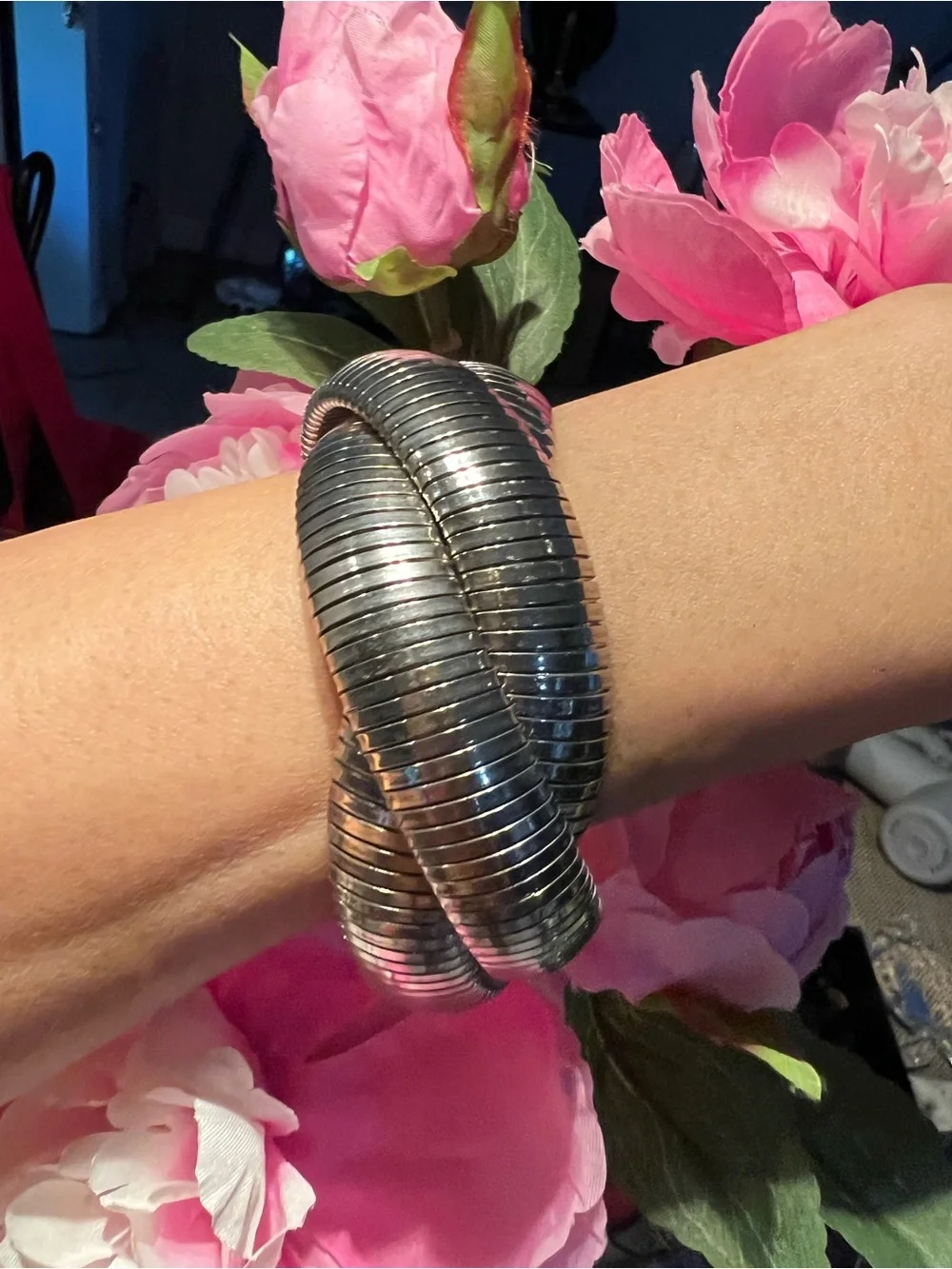 Silver Tone Flexible Intertwined Snakey look Wrap Bracelet
